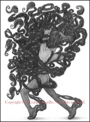 Original black and white drawings created by Brazilian-Irish visual artist P Gurgel-Segrillo: figurative explorations on cross-cultural identity and womanhood, empowerment and femininity.